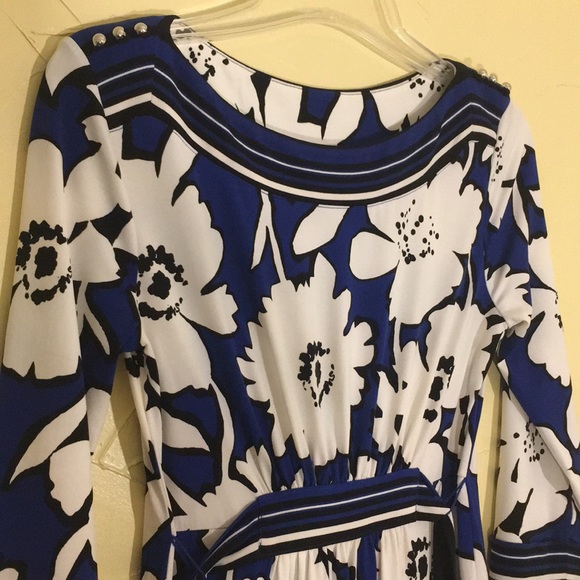 NY&CO dress floral 3/4 sleeve tie belt blue aline XS - Picture 3 of 14